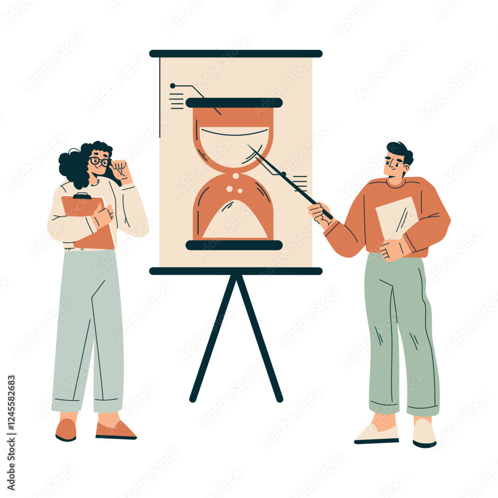 Aufkleber time management with man and woman character point at hourglass organizing efficient business proces