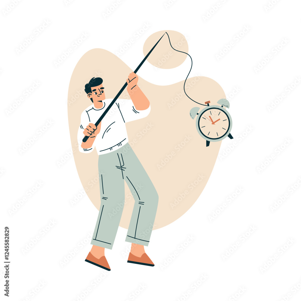 Leinwandbilder time management with man character catch clock with fishing rod organizing efficient business proces