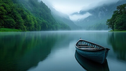 Serene misty lake with a solitary boat, surrounded by lush green mountains and fog