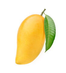 Ripe Mango with green leaf isolated on white background.