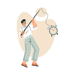 Time Management with Man Character Catch Clock with Fishing Rod Organizing Efficient Business Process Vector Illustration