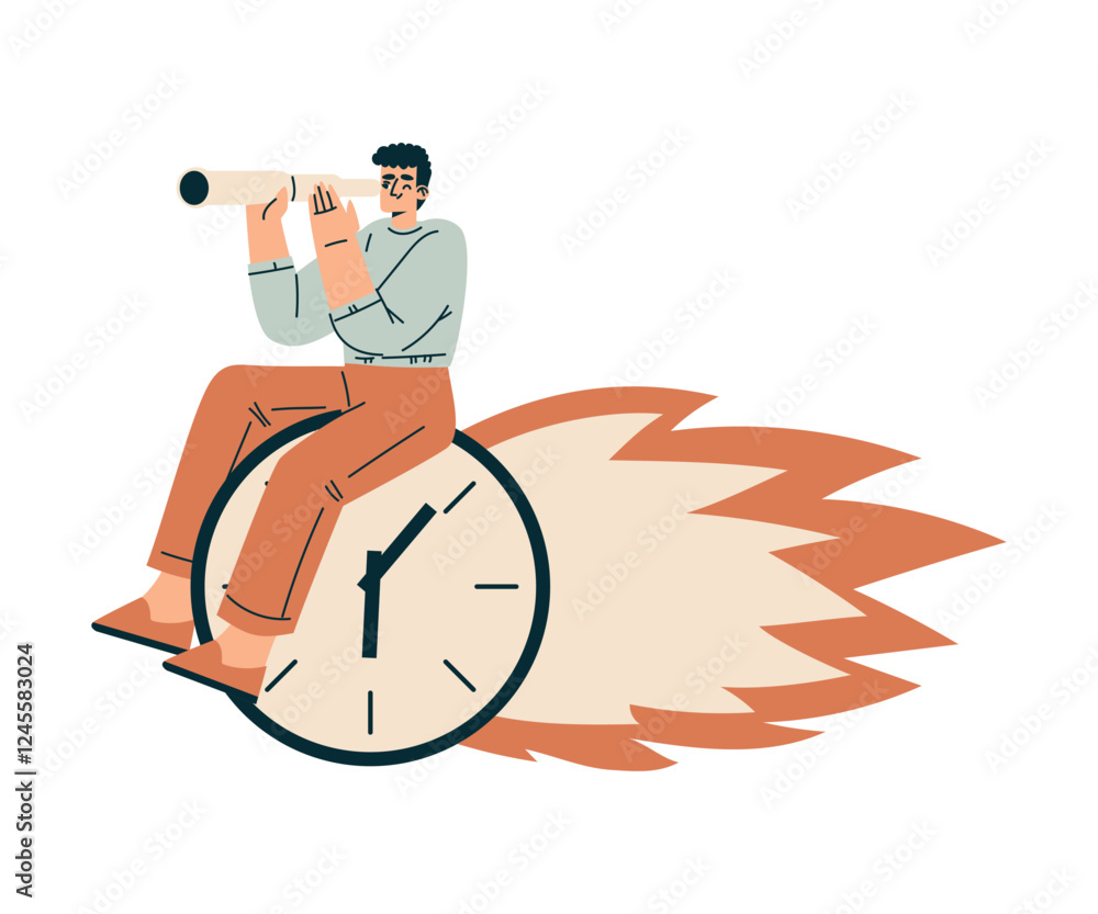 Poster time management with man character on clock dial with flame look in telescope organizing efficient b