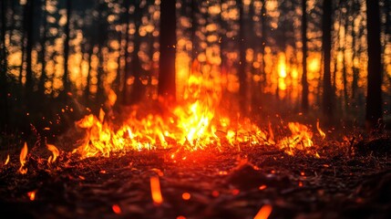 Fototapeta premium Fiery forest fire at sunset.