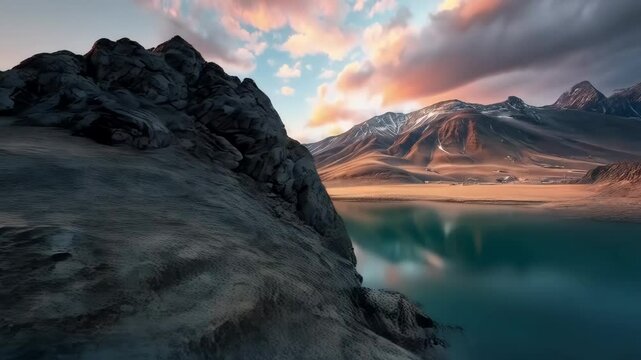 A mountain range with a lake in the fore