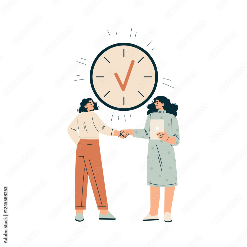 Aufkleber time management with woman character handshake organizing efficient business process vector illustra