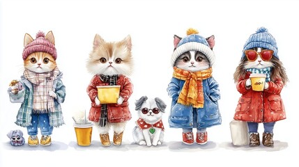Collection set watercolor pet idol showcasing stylish cats and dogs wearing influencer-inspired outfits, posing with trendy coffee cups and mini laptops for a chic content creator vibe 