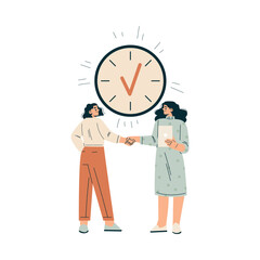 Time Management with Woman Character Handshake Organizing Efficient Business Process Vector Illustration