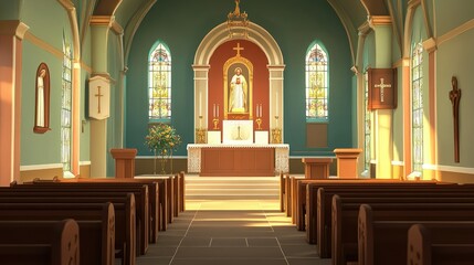 Quiet and peaceful Protestant church interior with a view from the back pews to the altar.