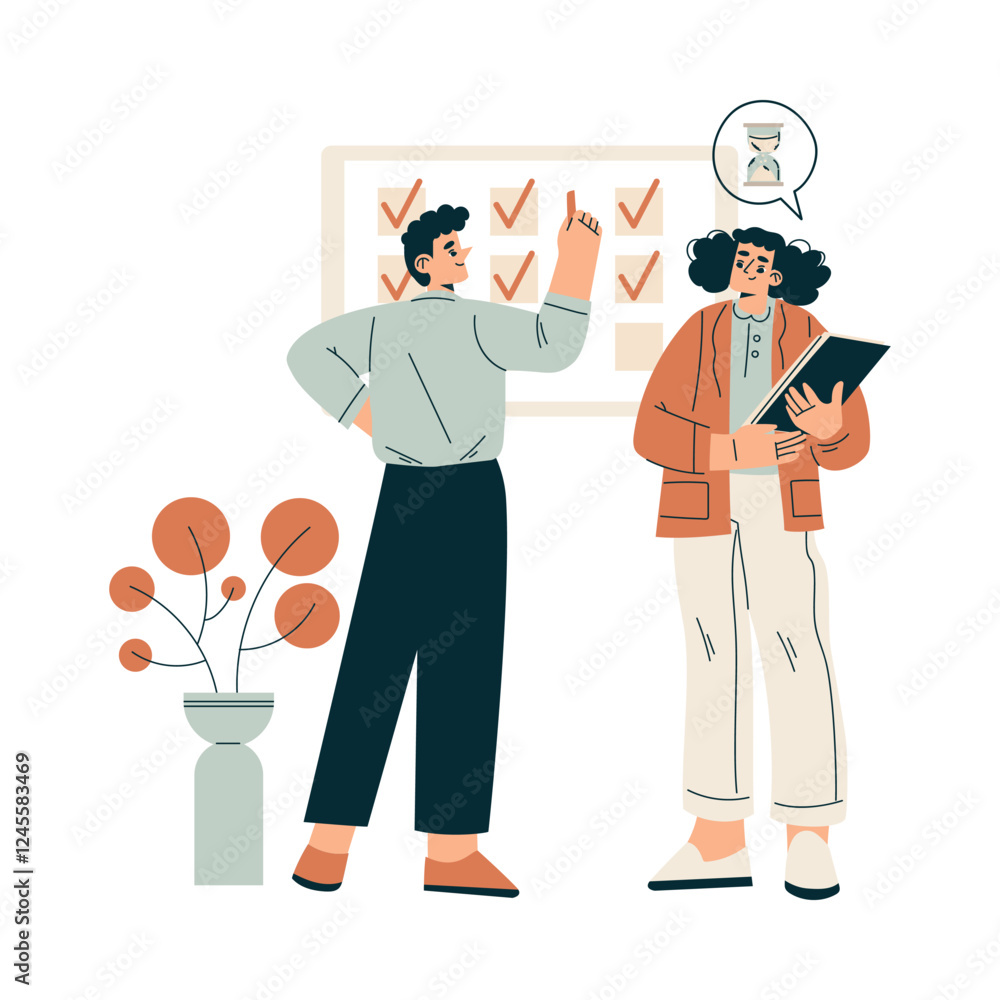 Poster time management with man and woman character organizing efficient business process vector illustrati