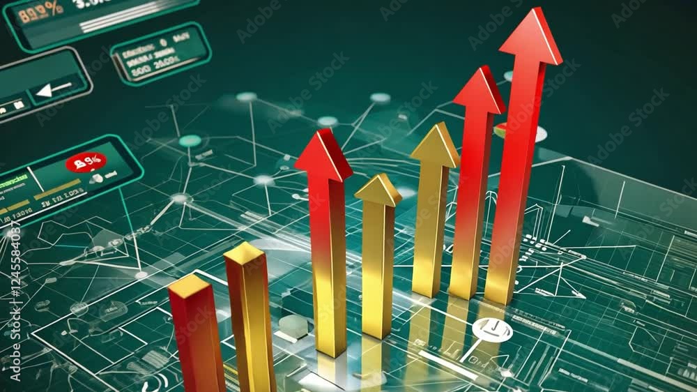 Poster ascending growth: a dynamic 3d rendering showcases a series of upward-pointing gold and red arrows, 