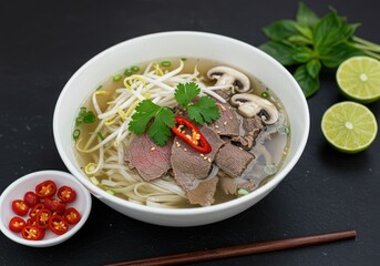 pho bo vietnamese soup with rice noodles beef and mushrooms
