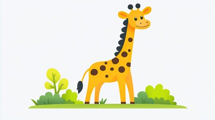 Cartoon giraffe standing in a vibrant green landscape with bushes and trees in the background