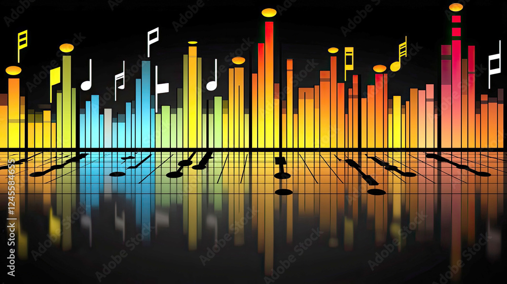 Poster colorful music visualizer: dynamic sound waves, audio spectrum, and rhythmic bars