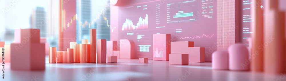 Poster a futuristic cityscape with pink data visualizations and bar graphs, reflecting analytics and trends
