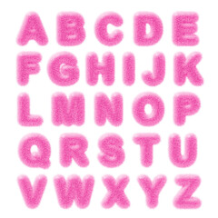 3d fur font letters, pink fluffy English ABC alphabet for children. Furry Latin script with hairy texture for fun education kids. Cute fuzzy wool text isolated on background render. 3D illustration © marozhkastudio