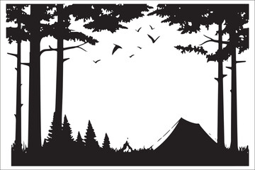 Obraz premium Scenic Mountain Landscape with Camping Silhouettes Vector Art