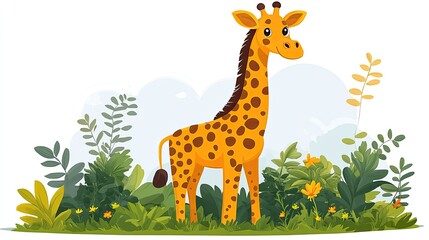 Colorful cartoon giraffe standing amidst lush green foliage with vibrant flowers in a playful setting