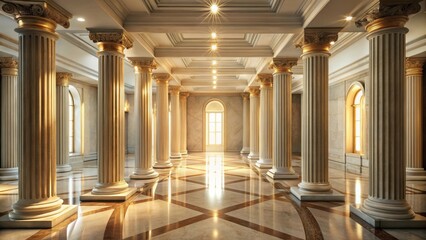 Obraz premium Grand Hallway with Elegant Columns and Marble Flooring, Sunlight Streaming Through a Window