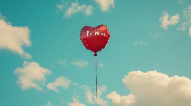 Valentine's day concept. Be Mine Red heart balloon on blue sky background