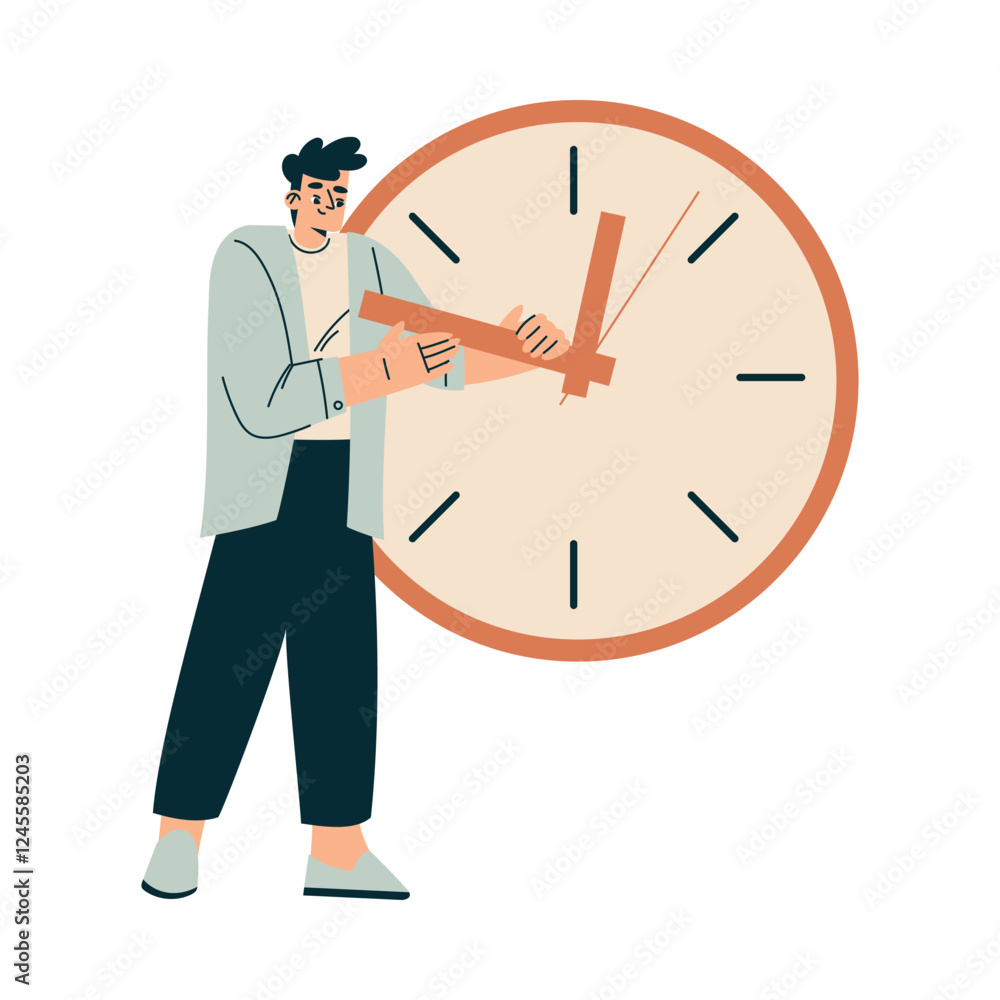 Poster time management with man character with clock organizing efficient business process vector illustrat
