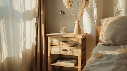 A light wood bedside table 