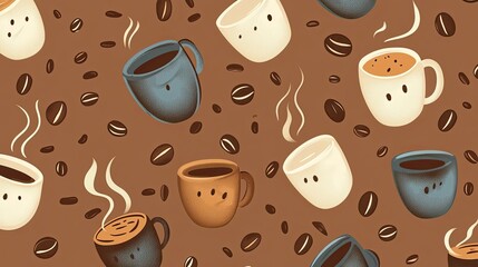 Seamless pattern of minimalist coffee mugs, beans, and steam curls on a warm brown background.