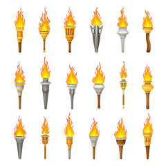 Torch with Bright Burning Flame and Fire Vector Set