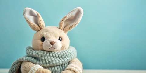 Obraz premium Adorable Knitted Bunny Toy Wearing a Cozy Scarf Against a Light Blue Background