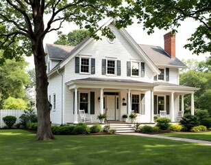 A charming white clapboard house with a steep roof, red brick chimney, rocking chairs on the porch, and lush green lawn with mature trees.