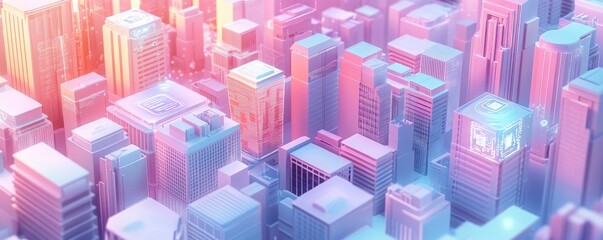 Fototapeta premium A vibrant aerial view of a cityscape featuring stylized buildings in shades of pink and blue, creating a futuristic and dynamic atmosphere.