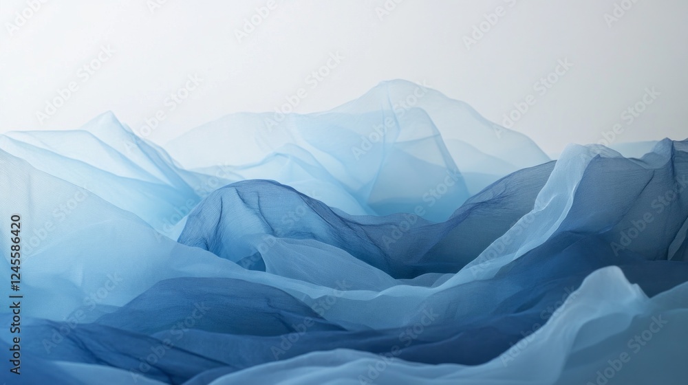 Poster delicate layers of translucent blue fabric undulate like gentle hills, evoking a tranquil natural la