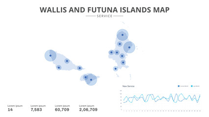 Service centers are highlighted within the of Wallis and Futuna Islands Infographic map. Business Infographic Map of Wallis and Futuna Islands. Vector Map of a Wallis and Futuna Islands map.