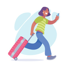 Tourism with Woman Character Run with Suitcase Vector Illustration
