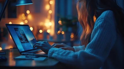 Woman works on laptop at night, cozy room, warm lights, online work