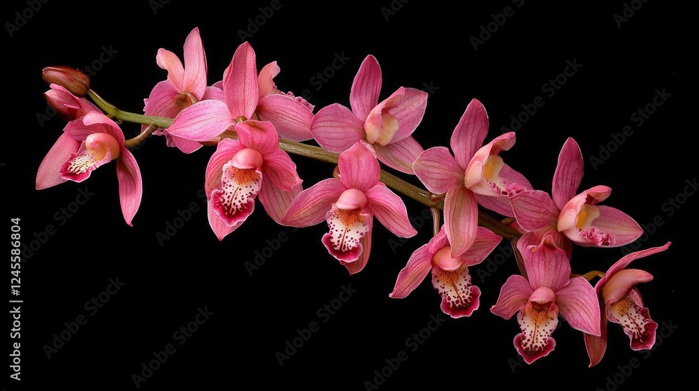 Poster a stunning display of pink orchids blossoms gracefully along a curved stem, with intricate patterns 