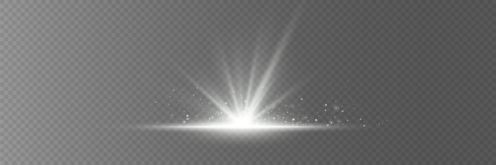 White sparks of light, a bright flash of a star, light rays. On a transparent background.