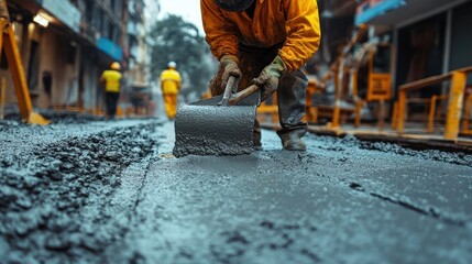 Construction worker smoothing wet concrete on a city street.