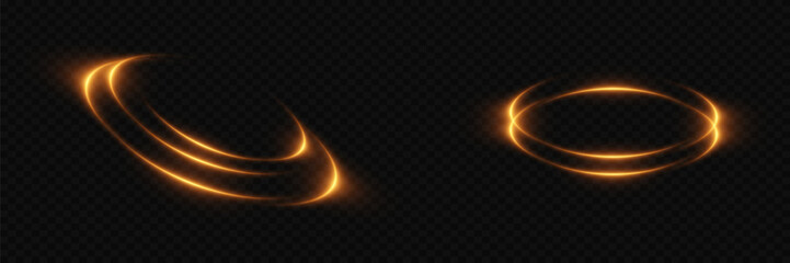 Neon gold speed lines. Dynamic motion rings. On a transparent background.