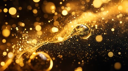 Golden liquid flowing, bokeh background, luxury ad