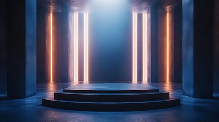 Dark room with neon lights and platform.