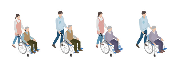 車椅子に座ったシニアと介護スタッフのアイソメトリック、イラストセット