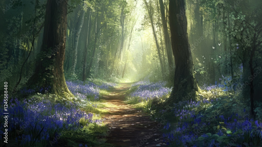 Poster sunlight filtering through tall trees, illuminating a path surrounded by bluebells.