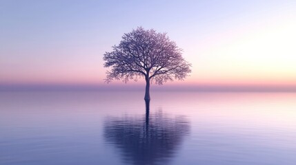 Solitary tree reflected in calm water at sunset; serene nature scene for meditation