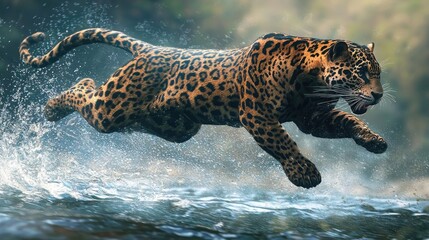 A powerful jaguar leaping across a river, its muscles rippling as it moves.