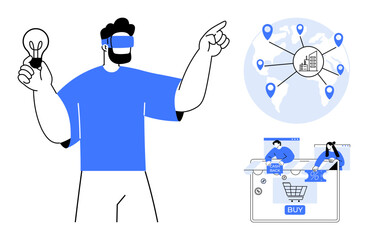 Man with VR headset holding a lightbulb, pointing to a world map with location pins. Shopping cart, percent sign, and person at a computer in the background. Ideal for ecommerce, technology