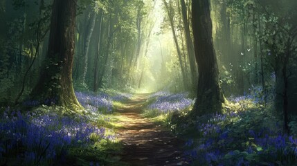 Naklejka premium Sunlight filtering through tall trees, illuminating a path surrounded by bluebells.