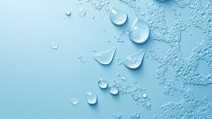 Water droplets on blue background, bubbles, texture, clean, cosmetic ad