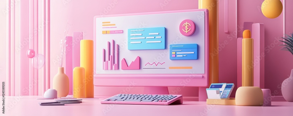 Poster a vibrant workspace featuring a pink-themed computer setup, with colorful decorative elements and a 