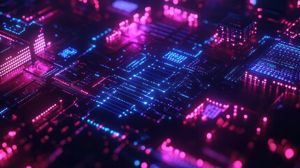 Obraz premium Futuristic circuit board glows, neon lights, digital background, tech design
