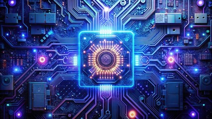 Fototapeta premium Illuminated Circuit Board A Futuristic Central Processing Unit Glows with Vibrant Energy, Surrounded by Complex, Interconnected Pathways of Data Transmission and Processing
